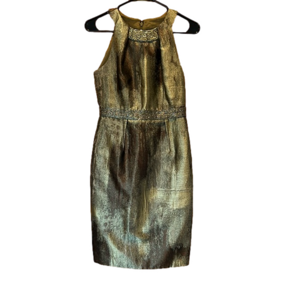 Carmen Marc Valvo Sleeveless Metallic Green Knee Length Dress w/ Sequins Size 2